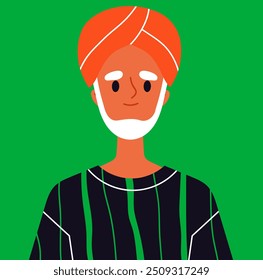 Trendy Benutzer Avatar. Älterer Mann in rotem Turban. Schönheit, Ästhetik und Eleganz. Profil in sozialen Netzwerken und Messengers. Flache Vektorgrafik einzeln auf grünem Hintergrund