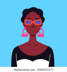 Avatar de usuário moderno. Retrato de mulher afro-americana de óculos escuros. Beleza, estética e elegância. Perfil em redes sociais e mensageiros. Ilustração de vetor plano isolada no plano de fundo azul