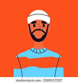 Trendy user avatar. Portrait of man in casual clothes with white hat. Beauty, aesthetics and elegance. Profile in social networks and messengers. Flat vector illustration isolated on orange background