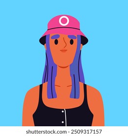 Trendy user avatar. Portrait of woman in pink hat with blue hairs. Beauty, aesthetics and elegance. Profile in social networks and messengers. Flat vector illustration isolated on blue background