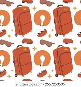 Trendy vacantion Seamless pattern with travel items. Endless background with suitcase and travel elements . Travel around the world, adventure. Design for fashion , fabric, textile, and all prints