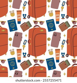 Trendy vacantion Seamless pattern with travel items. Endless background with suitcase and travel elements . Travel around the world, adventure. Design for fashion , fabric, textile, and all prints