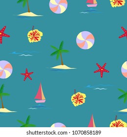 Trendy vacation on summer colorful with coconut tree, hibiscus flower, star fish, ball and sailboat on sea background, Seamless pattern textile print, Eps 10 vector