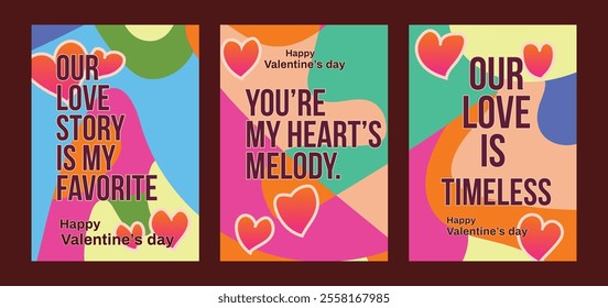 Trendy Valentine Card Pack with Subtle Abstract Patterns. A set of Valentine’s Day greeting card with sample text, red hearts and abstract backgrounds templates vector illustration. 