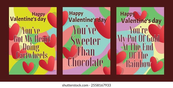 Trendy Valentine Cards with Red Heart Motifs and Abstract Art. A set of Valentine’s Day greeting card with sample text, red hearts and abstract backgrounds templates vector illustration. 