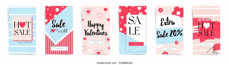 Trendy Valentine Day Stories template. Set of 8 lovely hearts patterns. Design template for social networks, instastories, vertical banners, business posts and sale posters.
