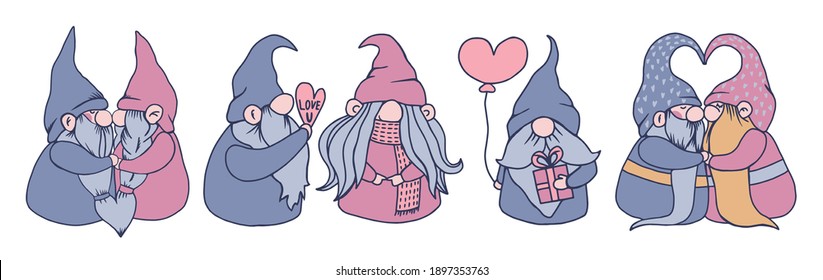 Trendy valentine gnomes couple. Vector valentines day greeting clipart for card, poster, sublimation printing on t shirt, mug, dish towel. Cute lovers in pink and purple colors