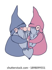 Trendy valentine gnomes couple. Vector valentines day greeting clipart for card, poster, sublimation printing on t shirt, mug, dish towel. Cute lovers in pink and purple colors