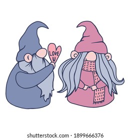 Trendy valentine gnomes couple. Vector valentines day greeting clipart for card, poster, sublimation printing on t shirt, mug, dish towel. Cute lovers in pink and purple colors