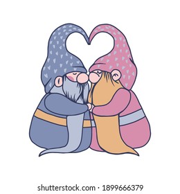 Trendy valentine gnomes couple. Vector valentines day greeting clipart for card, poster, sublimation printing on t shirt, mug, dish towel. Cute lovers in pink and purple colors
