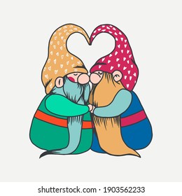 Trendy valentine gnomes couple. Vector valentines day greeting clipart for card, poster, sublimation printing on t shirt, mug, dish towel. Cute lovers in pink and purple colors