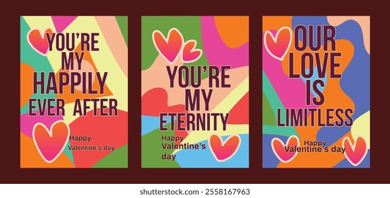 Trendy Valentine Greeting Cards with Subtle Pastel Art. A set of Valentine’s Day greeting card with sample text, red hearts and abstract backgrounds templates vector illustration. 