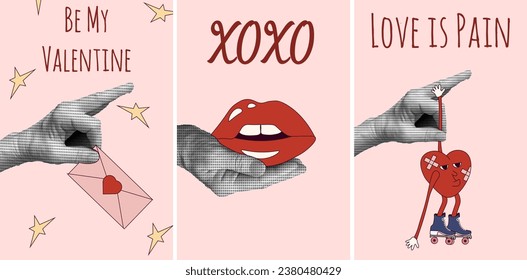 
Trendy Valentine's banner with Halftone hand red Groovy heart, lips, xoxo and font. Nostalgia art with grunge element. Set Retro Valentine day Poster for Social Media. Vector illustration.