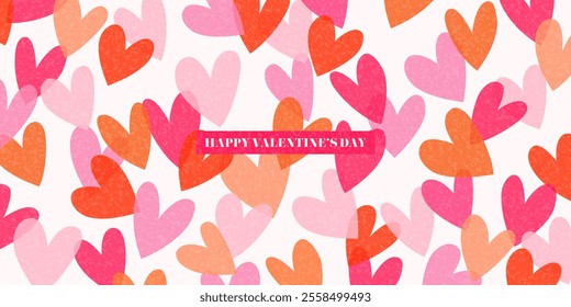 Trendy Valentine's Day banner. Concept of vector minimalist background with typography design, colorful hearts for Valentine's Day party, banner, card, ads, branding, cover, sale, social media.