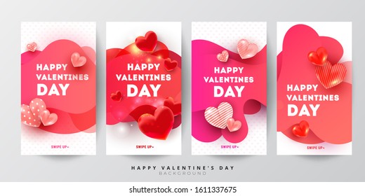 Trendy Valentines day editable social stories template set of liquid gradient red love 3d heart decor and greeting text. Vector illustration for social networks, blogging, banner or poster or voucher.