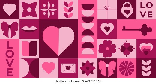 Trendy Valentine's Day Geometric Background. Modern Minimalistic Template for Poster, Banner, Flyer, Cover, Advertisement, Branding, Pattern. Creative Concept with Simple Shapes. Minimalistic Design.