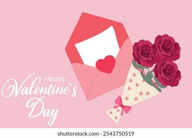 Trendy Valentines Day greeting card. Valentines Day card with envelope and rose bouquet on pink background. Festive banner, sale poster, social media or promo templates.