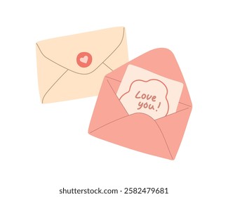 Trendy Valentine's Day love letter and envelope vector illustration collection. Modern hand drawn pastel pink clip art set for books, stationery, banners and social media
