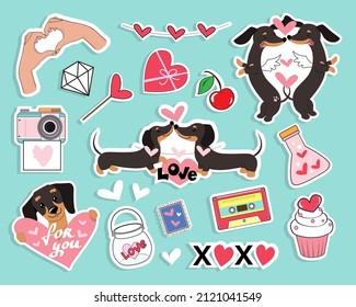 Trendy valentine's day patches with dachshund dogs, hearts and love objects in pop art style. Vector illustration