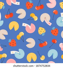 Trendy Valentine's day pattern design. Hand-drawn seamless vector pattern. Berries and fortune cookies on a blue background. Cute love pattern for web and print. Love concept.