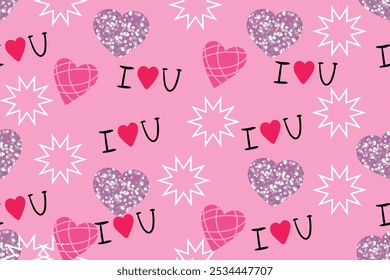 Trendy Valentine's Day pattern with glitter hearts, I love you text, and star elements in a playful pink design. Romantic Love background template for branding, wallpapers, packaging, website banner