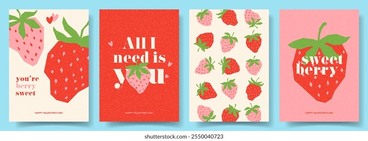 Trendy Valentine's Day posters. Concept of vector cards with stylized strawberries, hearts, typographic design. Modern art minimalist flyers for party banner, flyer, celebration, ads, branding, cover.