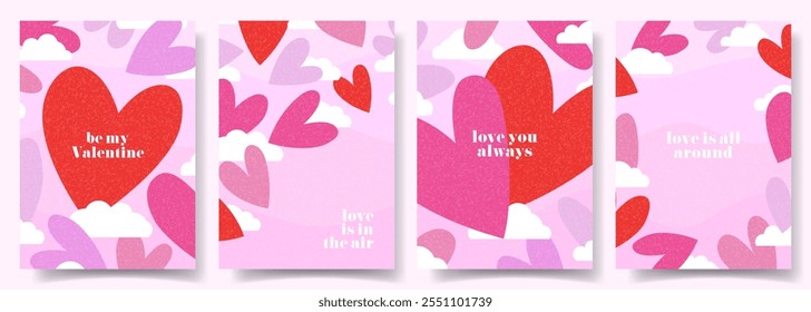 Trendy Valentine's Day posters. Concept of vector minimalist posters with typography design, hearts and clouds for Valentine's Day party, banner, card, ads, branding, cover, sale, social media.