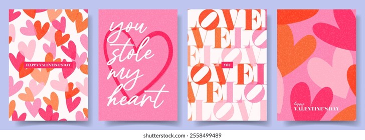 Trendy Valentine's Day posters. Concept of vector minimalist posters with typography design, colorful hearts for Valentine's Day party, banner, card, ads, branding, cover, sale, social media.