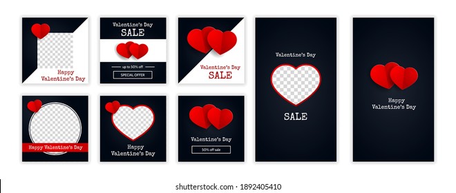 Los posts e historias de moda para el Día de San Valentín son plantillas para blogs y ventas. Concepto de banner de compras en línea. Ilustración del vector