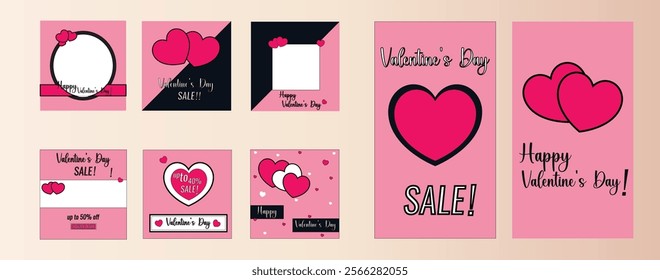 Trendy Valentine's Day posts and stories template for blog and sales. Web online shopping banner concept. Vector illustration Pink love