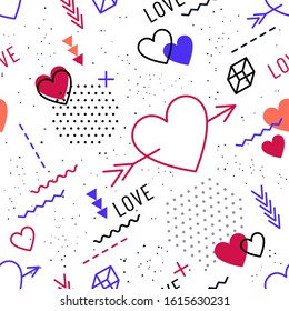 Trendy Valentine's Day seamless pattern with hearts and geometric symbols in retro 80s, 90s memphis style. Bright vibrant colors. Simple, minimalist, hipster line art. Vector illustration.