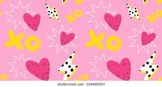 Trendy Valentine's Day seamless pattern with hand drawn hearts, XO symbols and lightning. Romantic Love background template for branding, wallpapers, packaging, website banner, greetings