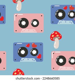 Trendy Valentinstag nahtloses Design für Web und Print. Kassette, Pilz. Retro-Konzept. Wiederholbare Vektordesign für Umhüllung, Schreibwaren und Gewebe.Blau und Rosa