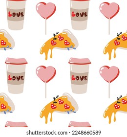 Trendy Valentine's day seamless pattern design for web and print. Coffee, pizza, hearts, lollipop, love. Retro concept. Repeatable vector design for wrapping, stationery and fabric.