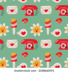 Trendy Valentine's day seamless pattern design for web and print. Vintage telephone, ice-cream, hearts, letter, love. Retro concept. Repeatable vector design for wrapping, stationery and fabric. Green