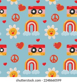 Trendy Valentine's day seamless pattern design for web and print. Rainbow, cassette, retro flowers, smile, heart. Retro concept. Repeatable vector design for wrapping, stationery and fabric. Red, blue