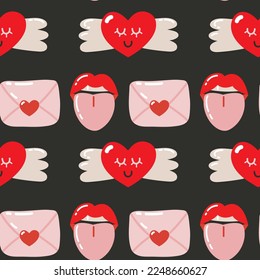 Trendy Valentine's day seamless pattern design for web and print. Letter, tongue, lips, hearts, angel. Retro concept. Repeatable vector design for wrapping, stationery and fabric. Black and red