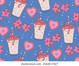 Trendy Valentine's Day Seamless pattern   Cute pink  Couple Jigsaw  Couple Heart  Perfect match  Sweet Latte , Love  Hand drawn Illustration Vector not Ai , Design for fashion , fabric, textile