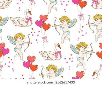 Trendy Valentine's Day Seamless pattern   Cute cupid  Swan , Heart  Balloon   Hand drawn Illustration Vector not Ai , Design for fashion , fabric, textile, wallpaper , wrapping and all prints