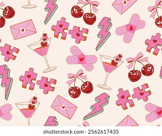 Trendy Valentine's Day Seamless pattern  Pink and Red Perfect match  Love Couple Jigsaw Heart  Cocktail Cherry  thunder bolt Hand drawn Illustration Vector not Ai , Design for fashion