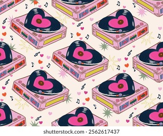 Trendy Valentine's Day Seamless pattern   Sweet heart record players  Hand drawn Illustration Vector not Ai  Design for fashion  fabric, textile, wallpaper , wrapping and all prints