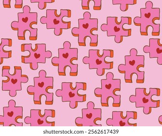 Trendy Valentine's Day Seamless pattern  , Cute pink  Couple Jigsaw  Couple Heart , Perfect match  Love  Hand drawn Illustration Vector not Ai , Design for fashion , fabric, textile, wallpaper 