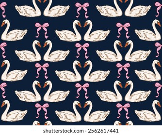 Trendy Valentine's Day Seamless pattern  , Perfect match  Love Couple Swan   Pink Coquette Bows  Hand drawn Illustration Vector not Ai , Design for fashion , fabric, textile, wallpaper all prints