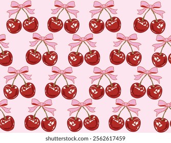 Trendy Valentine's Day Seamless pattern   Sweet coquette and red Cherries Hand drawn Illustration Vector not Ai , Design for fashion , fabric, textile, wallpaper , wrapping and all prints