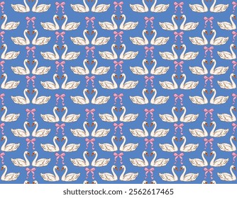 Trendy Valentine's Day Seamless pattern  , Perfect match  Love Couple Swan   Pink Coquette Bows  Hand drawn Illustration Vector not Ai , Design for fashion , fabric, textile, wallpaper , wrapping and