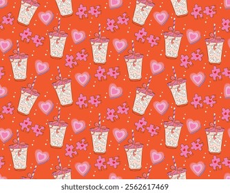 Trendy Valentine's Day Seamless pattern   Cute pink   Couple Jigsaw  Couple Heart , Perfect match , Sweet Latte  Love  Hand drawn Illustration Vector not Ai , Design for fashion , fabric, textile