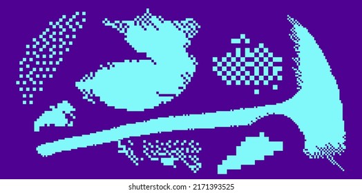 Trendy vaporwave background with pixel art chaotic composition. Concept of a glitchy computer screen.