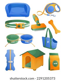 Trendy various accessories for dogs flat set for web design. Cartoon pet toys, food bowls, collar and brush isolated vector illustration collection. Pet shop and domestic animals concept