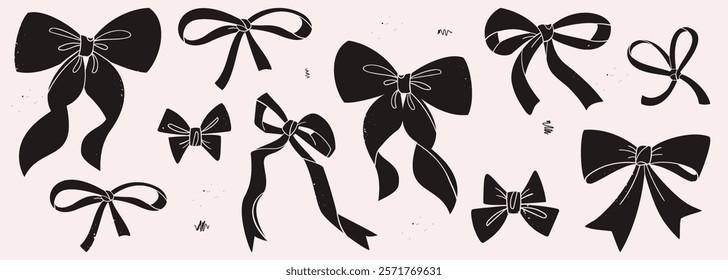  Trendy Various black Bow knots. White background. Hand drawn Monochrome Vector illustration. Decoration Wedding celebration, giftholiday, party