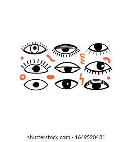 Trendy various psychedelic eyes and abstract contemporary shapes. Lifestyle print for poster, card, sticker, social media, t-shirt etc. Vector illustration.